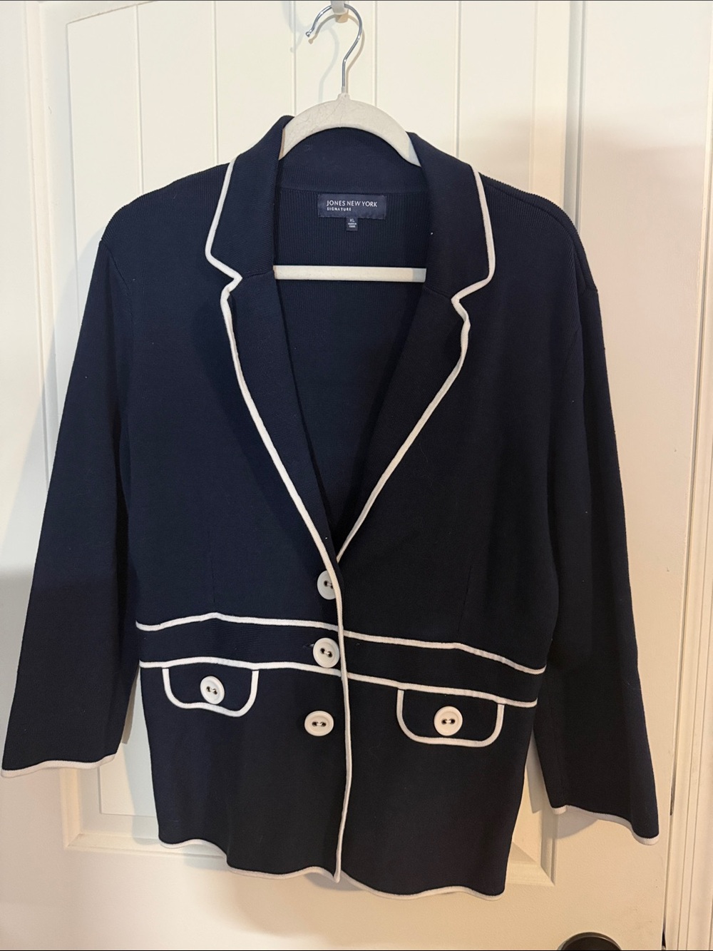Jones New York Navy Blazer with White Piping